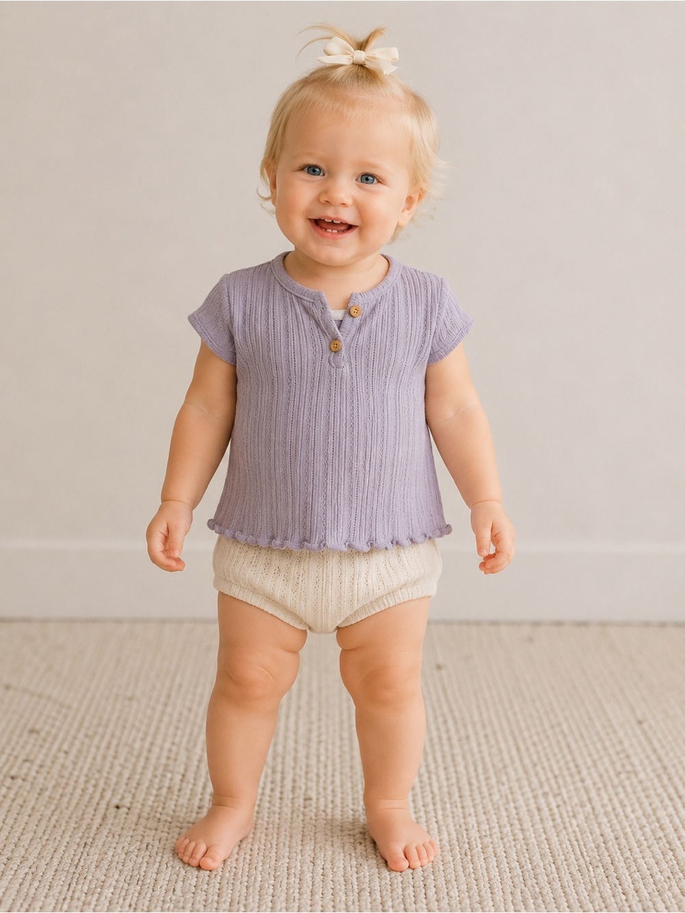 Zara Baby Girls Lavender Pointelle Knit Henley Top | Size  9-12M